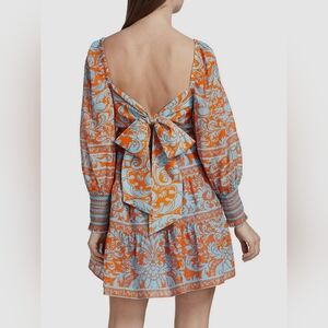 Alice & Olivia Sz M Open-Back Bow Long Sleeve Mini Dress in Orange & Light Blue